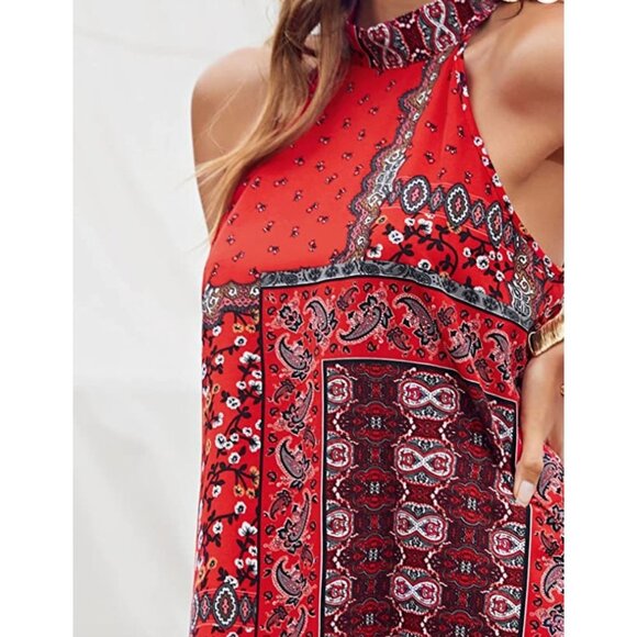 Boho Red Paisley Printed Chiffon A-Line Halter Sleeveless Mini Shift Dress - Picture 3 of 7